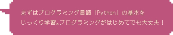 まずはプログラミング言語「Python」の基本をじっくり学習。プログラミングがはじめてでも大丈夫！