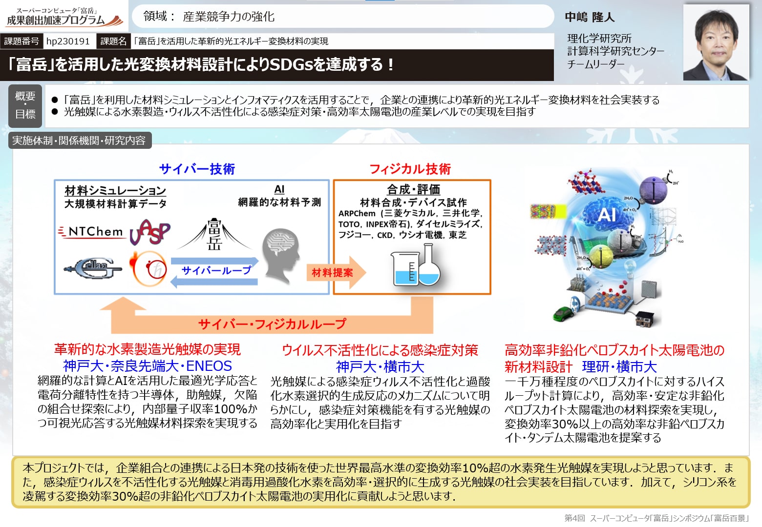 「富岳」を活用した光変換材料設計によりSDGsを達成する！ 中嶋 隆人